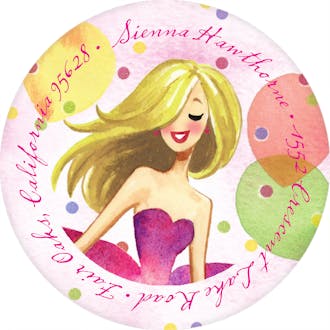 Jumping Party Girl Blonde Round Address Label