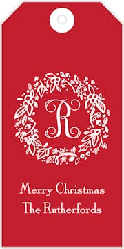 Elegant Holiday Wreath on Red Hanging Gift Tag