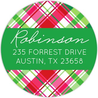 Christmas Plaid Round Return Address Sticker