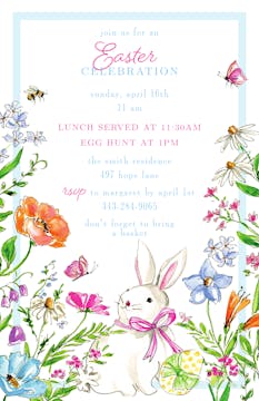 Bunny with Egg and Spring Flowers Easter Invitation