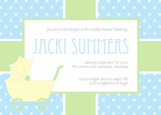 Yellow baby carriage and polka dots baby shower invitation