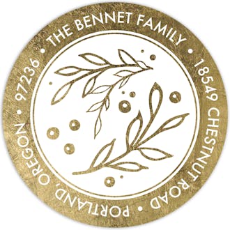 Golden Foliage Joy Round Address Sticker shown with (Faux) Foil