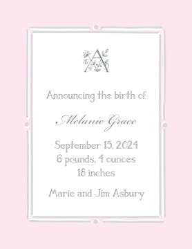 Vintage Frame Pink & Silver  Birth Announcement