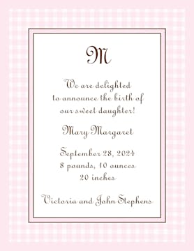 Gingham Pink  Birth Announcement