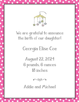 Dotted Edge Bright Pink & Black  Birth Announcement