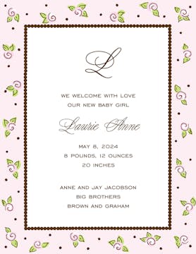 Sweet Roses Pink & Chocolate  Birth Announcement