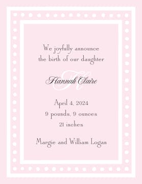 White Dotted Border Pink  Birth Announcement