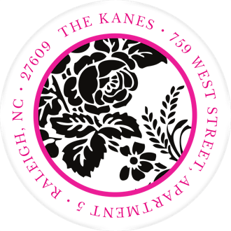 Black Flourish Posh with Pink Ink Round Address Label