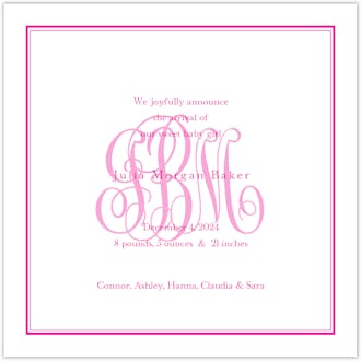 Tailored Monogram Hot Pink Square Girl Birth Announcement