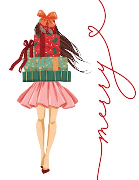 Merry Holiday Girl with Gifts Folded Holiday Greeting Card 