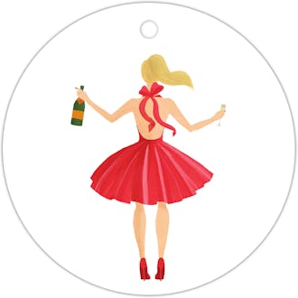 Holiday Girl with Champagne Blonde Round Hanging Gift Tag