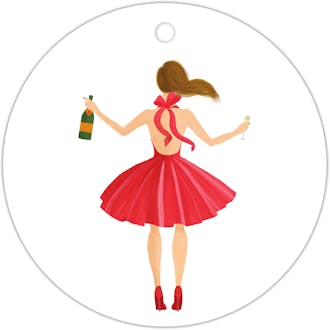 Holiday Girl with Champagne Brunette Round Hanging Gift Tag