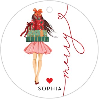 Merry Holiday Girl with Gifts Brunette Round Hanging Gift Tag