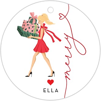 Merry Holiday Girl with Gifts Blonde Round Hanging Gift Tag