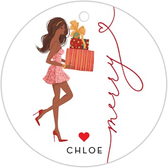 Merry Holiday Girl with Gifts Multicultural Round Hanging Gift Tag