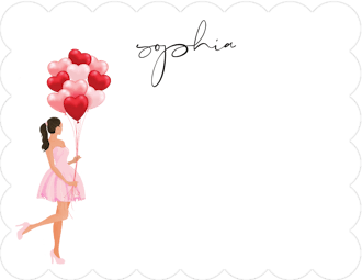 Holiday Girl with Heart Balloons Brunette Flat Note