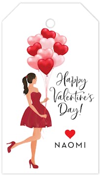 Holiday Girl with Heart Balloons Brunette Hanging Gift Tag 