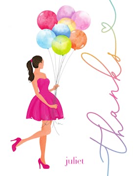 Girl with Balloons Thanks Brunette Folded Note 