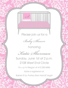 White Floral Damask on Pink Sweet Petite Invitation 