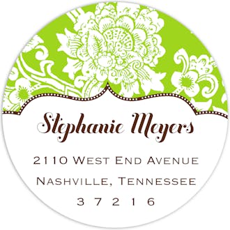 White Floral Pattern on Green and White Round Return Address Label