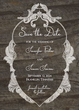 Ornate Wreath On Wood Save The Date Card