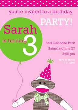 Pink Sock Monkey Party Invitation 