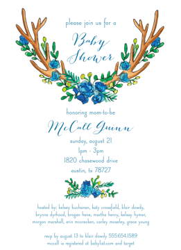 Antler and Blue Floral Invitation